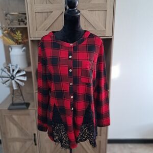 Rosegal Women's 2X Buffalo Plaid Tunic Lace Detail Button Down Long Sleeve